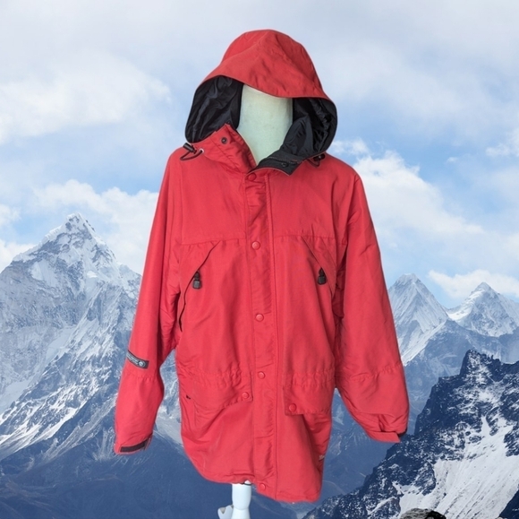 TIMBERLAND Performance Men Hooded Warm Jacket  Red Zip chest Pockets hooded sz S - Picture 1 of 16